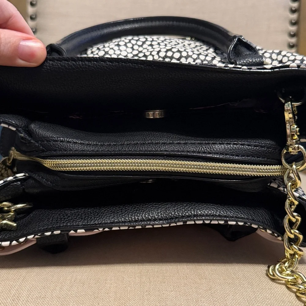 Betsey Johnson Black & White Pebble Satchel with Pink Bow
